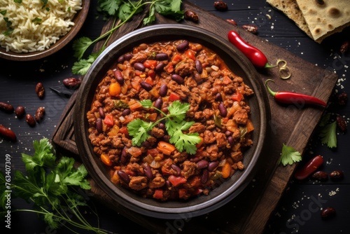 Juicy chili con carne on a rustic plate against a galvanized steel background