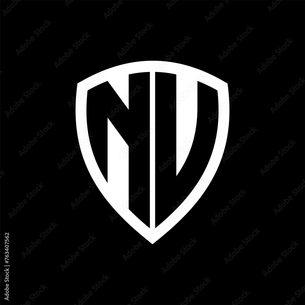 NU monogram logo with bold letters shield shape with black and white color design NU monogram logo with bold letters shield shape with black and white color design