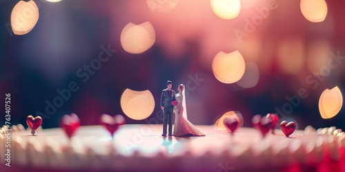 Miniature people : Bride and groom couple standing on The stage , Happy valentine's day concept photo