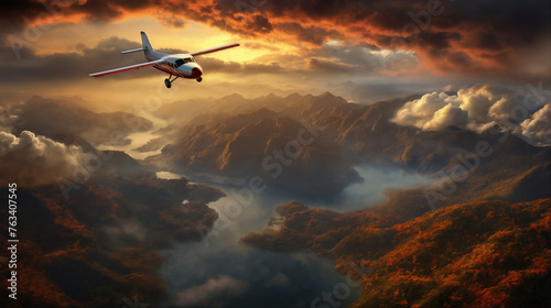 the plane flies high in the sky over a beautiful landscape at sunset, mountains and hills below, forest and fog, a travel concept