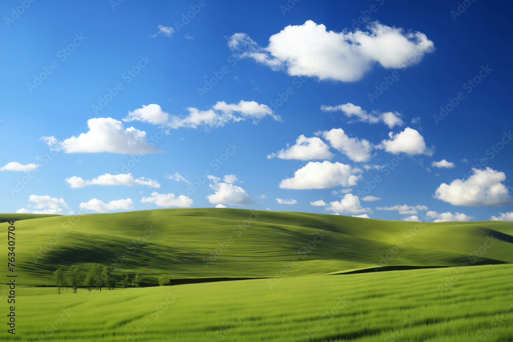 beautiful perfect landscape, green grass on the hills, green fields and sky with white clouds, bright sunlight and shadows