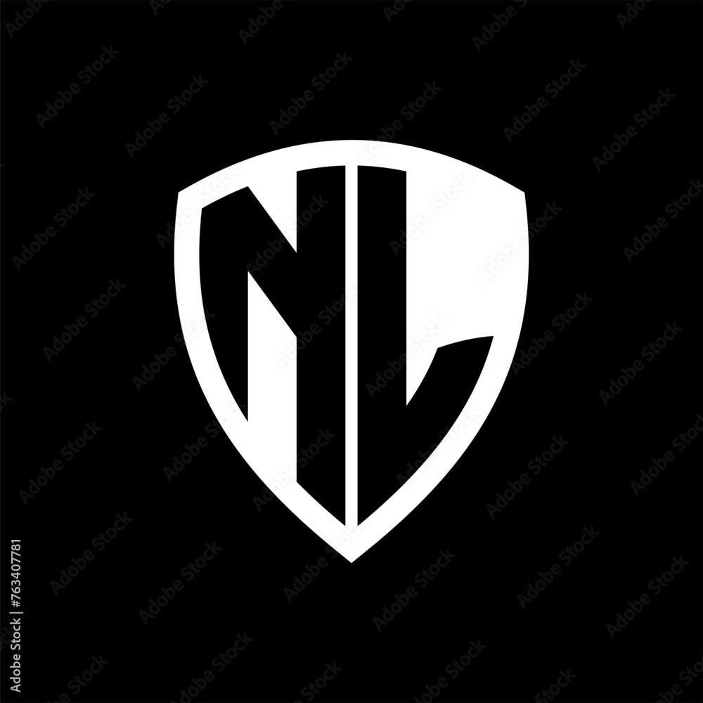 NL monogram logo with bold letters shield shape with black and white color design NL monogram logo with bold letters shield shape with black and white color design