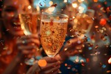 Celebratory cheers with a champagne flute amidst a sparkling backdrop, encapsulating moments of joy and luxury