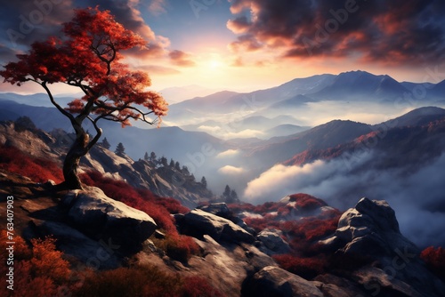 a beautiful landscape with tree and mountains at sunset, sunlight in a dramatic sky with clouds, beautiful nature