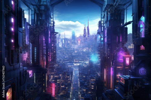 Vibrant and futuristic cityscape with towering skyscrapers and mesmerizing neon lights