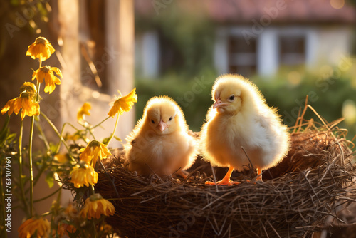 Small chickens against the background of spring nature on Easter, in a bright sunny day at a ranch in a village. © soleg