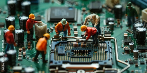 miniature people Motherboard and CPU repair, Concept: working in technical teams