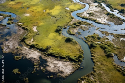 An aerial view of a wetland teeming with birdlife, illustrating the rich biodiversity that depends on consistent water quality monitoring