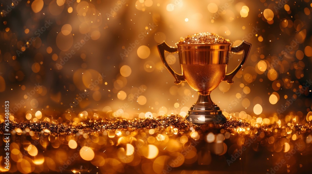 Champion prize shining brightly amidst a burst of glittering gold, marking triumph Champion prize shining brightly amidst a burst of glittering gold, marking triumph