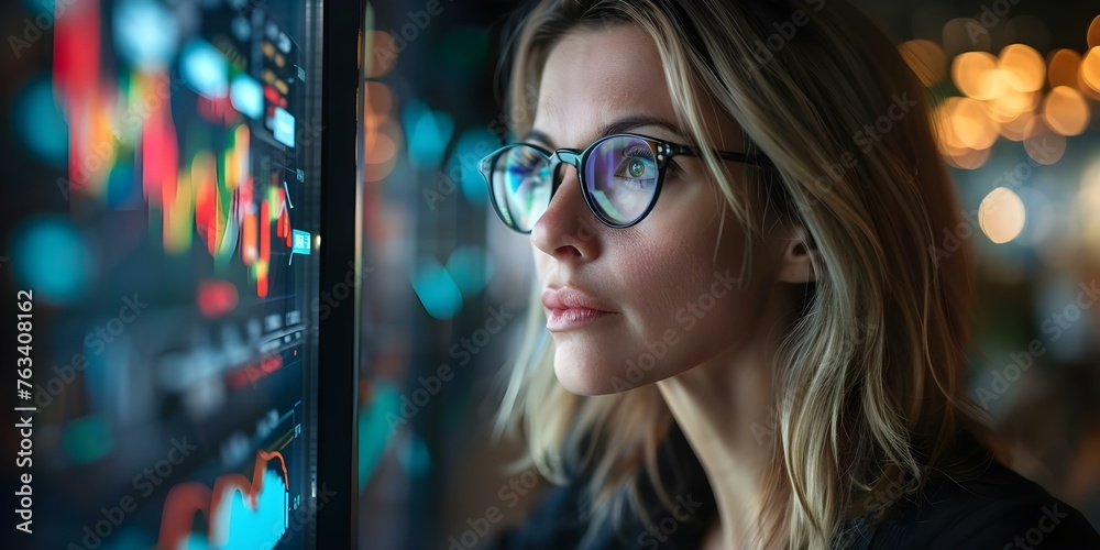 Businesswoman in glasses monitors stock market graph weather news and schedule. Concept Stock Market Analysis, Weather Forecasting, Schedule Management, Businesswoman in Glasses