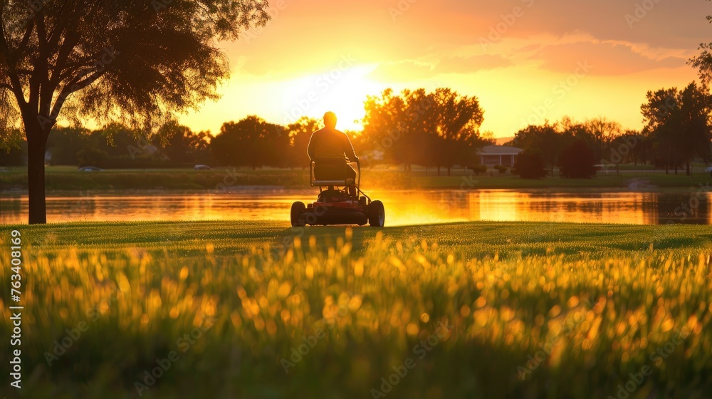 Fototapeta premium Lawn mower, sunset weekend activities 