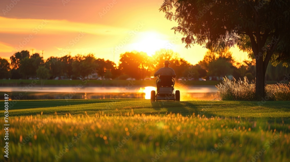 Fototapeta premium Lawn mower, sunset weekend activities 