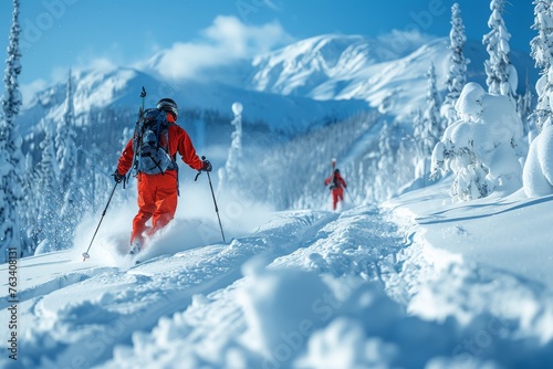 A vivid image capturing a skier dynamically descending a slope with fresh powder flying around and a clear sky