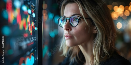 Businesswoman in glasses monitors stock market graph weather news and schedule. Concept Stock Market Analysis, Weather Forecasting, Schedule Management, Businesswoman in Glasses