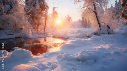 beautiful winter landscape, snow covered forest and brook at sunset, sunlight and beautiful nature