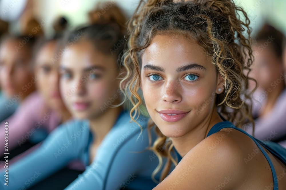A young girl with curly hair having striking blue eyes and a natural, engaging look A young girl with curly hair having striking blue eyes and a natural, engaging look