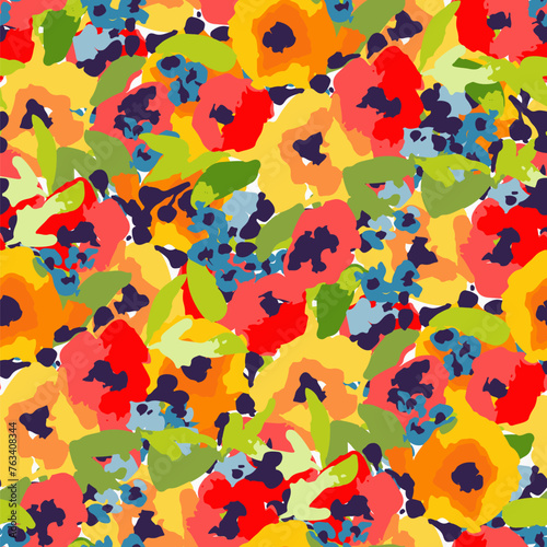 Abstract floral seamless pattern. Bright colors, gouache painting.