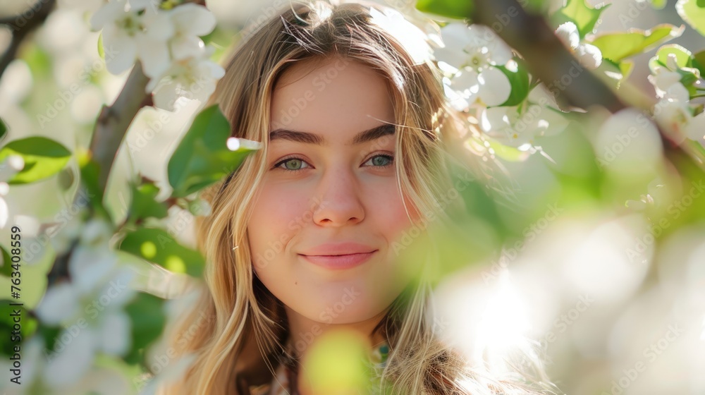 Beautiful young blonde woman standing near blooming tree Beautiful young blonde woman standing near blooming tree