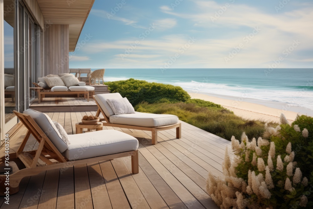 Beach house tranquility with an inviting deck and lounging chairs