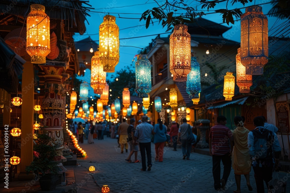 A busy market street at dusk, lit by an array of colorful lanterns, creating a magical atmosphere.