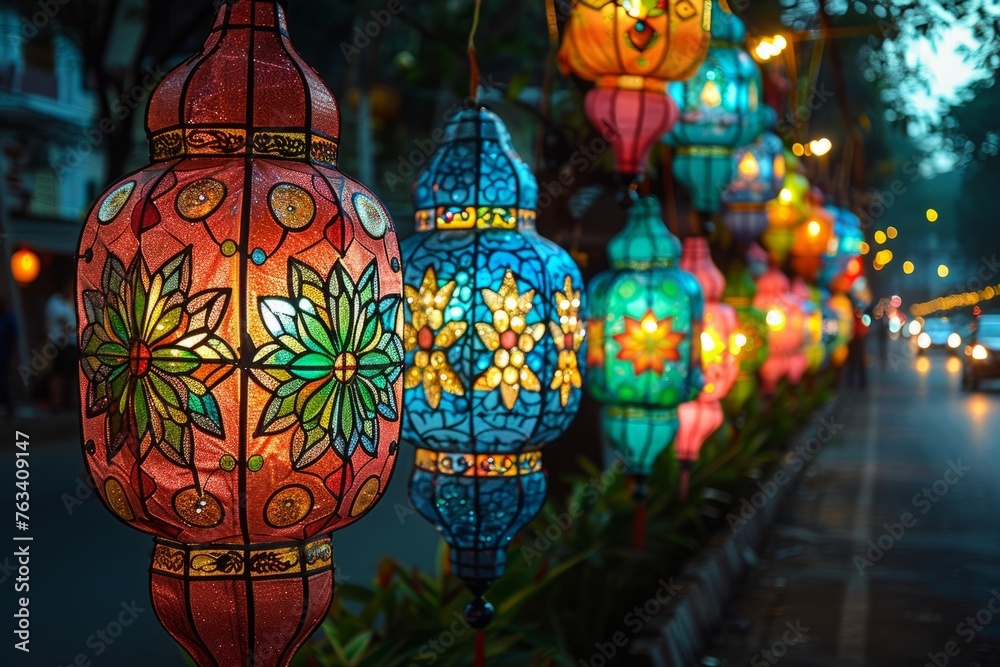 Intricate lanterns hang along a street, casting a festive glow over the evening bustle of a lively city.