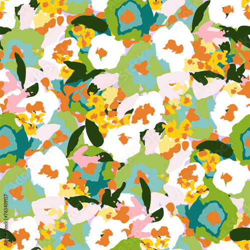 Abstract floral seamless pattern. Bright colors, gouache painting.