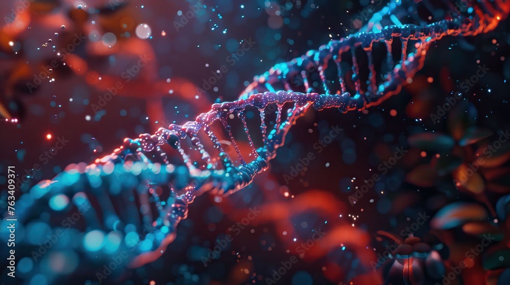 A sparkling DNA double helix illustration with a backdrop of shimmering bokeh lights representing genetic research - obrazy, fototapety, plakaty 