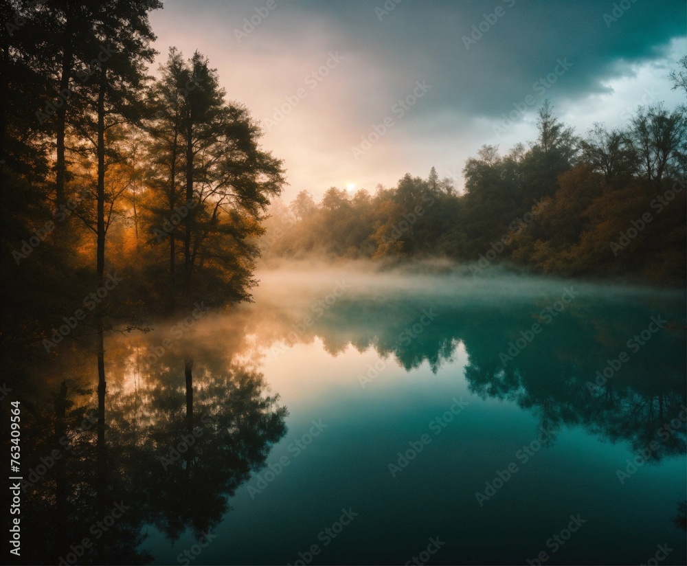 hazy lake scenery with trees and interesting light