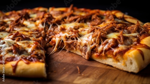 Close up of a greasy and cheesy slice of BBQ pulled pork pizza with tangy sauce and melted cheese