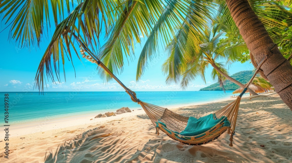  Hammock with palm trees on a sandy beach