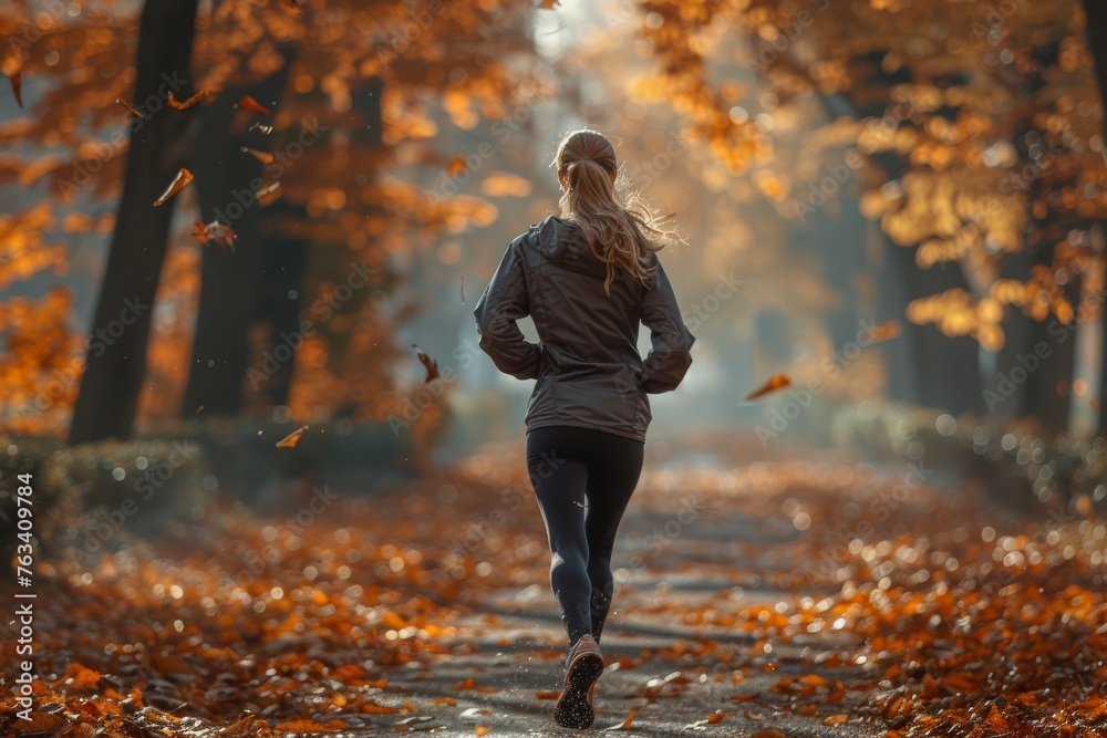 A female runner jogging through a forest path covered with fallen leaves in autumn, depicting health and vitality A female runner jogging through a forest path covered with fallen leaves in autumn, depicting health and vitality
