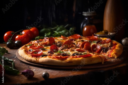 Exquisite pizza on a wooden board against a dark background