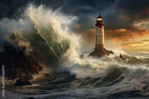 Coastal lighthouse standing as a sentinel against crashing waves © KerXing