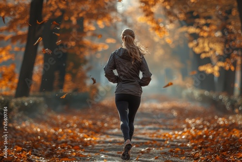 A female runner jogging through a forest path covered with fallen leaves in autumn, depicting health and vitality