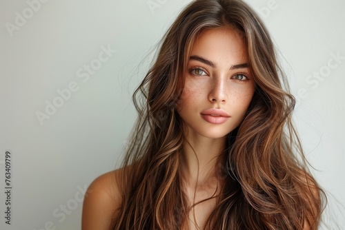 young woman with long silky straight brown hair isolated on white background Hair color for the beauty salon industry, color styles,close-up portrait of Hair dark brown color woman.