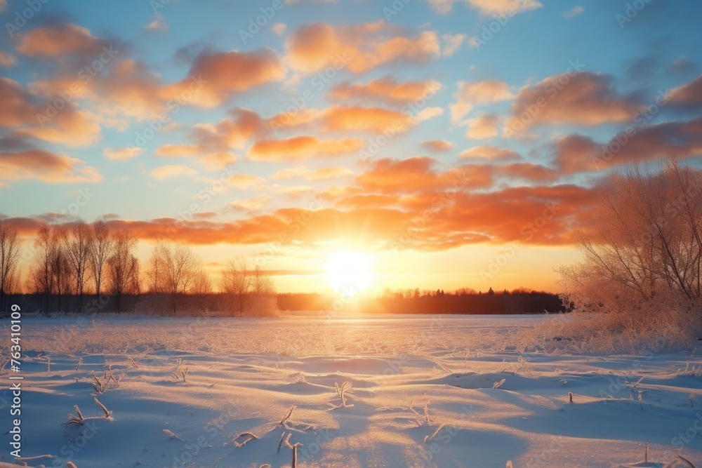 Stunning sunset over a snow-covered field