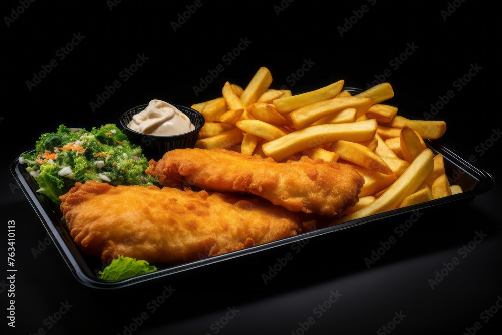 Hearty fish and chips on a plastic tray against a dark background Hearty fish and chips on a plastic tray against a dark background