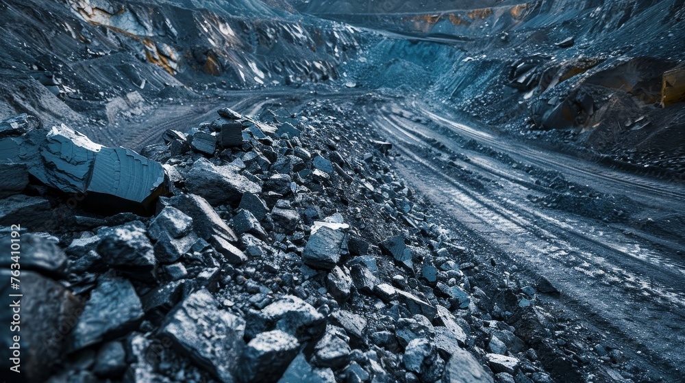 Industrial coal mining in an open pit quarry, fossil fuels, environmental pollution - obrazy, fototapety, plakaty 