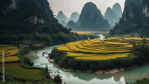Verwunschene Reisterrassen am mystischen Flusslauf in asiatischer Karstlandschaft 