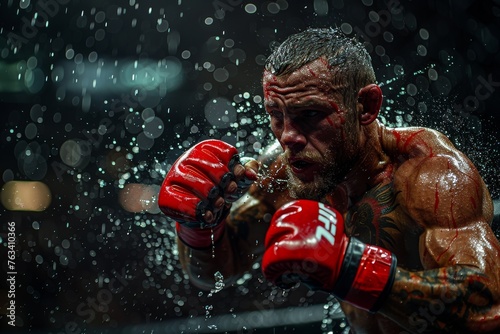 A dynamic image showing a boxer swinging, frozen in time with droplets of sweat illuminated against a dark background © Larisa AI