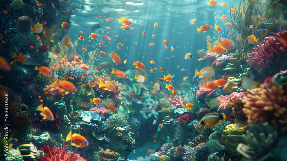 Naklejka premium Light Beams Shining Through Ocean in Coral Reef