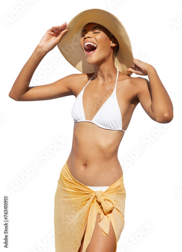 Smiling girl wearing a sun hat and bikini, African latin American woman isolated on white background. Banner or poster image for the concept of a seaside holiday or shopping for a summer beach holiday