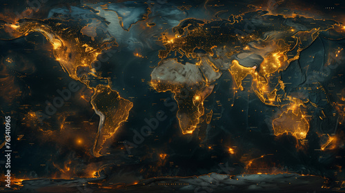 Digital world map background, earth network. World map in neon light photo