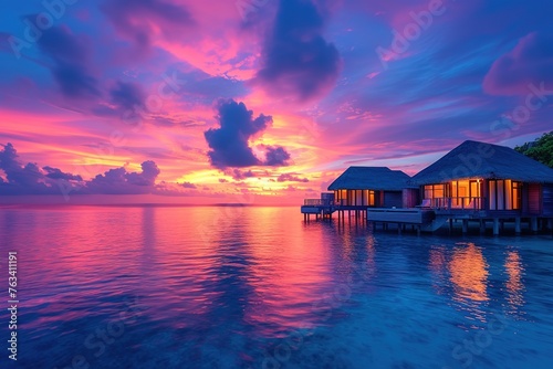 Amazing sunset panorama at Maldives. Luxury resort villas seascape with soft led lights under colorful sky. Beautiful twilight sky and colorful clouds. Beautiful beach background for vacation holiday © interior