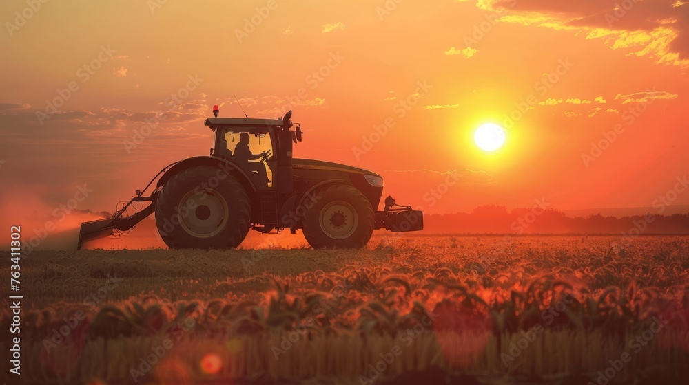 Fototapeta premium Irrigation tractor driving spraying or harvesting an agricultural crop at sunset