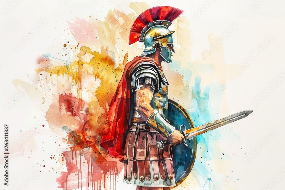 Watercolor illustration of a Roman Centurion standing valiantly with a sword and shield