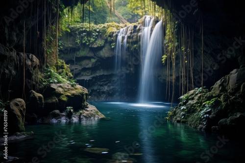 Majestic waterfall cascading into a clear pool of water