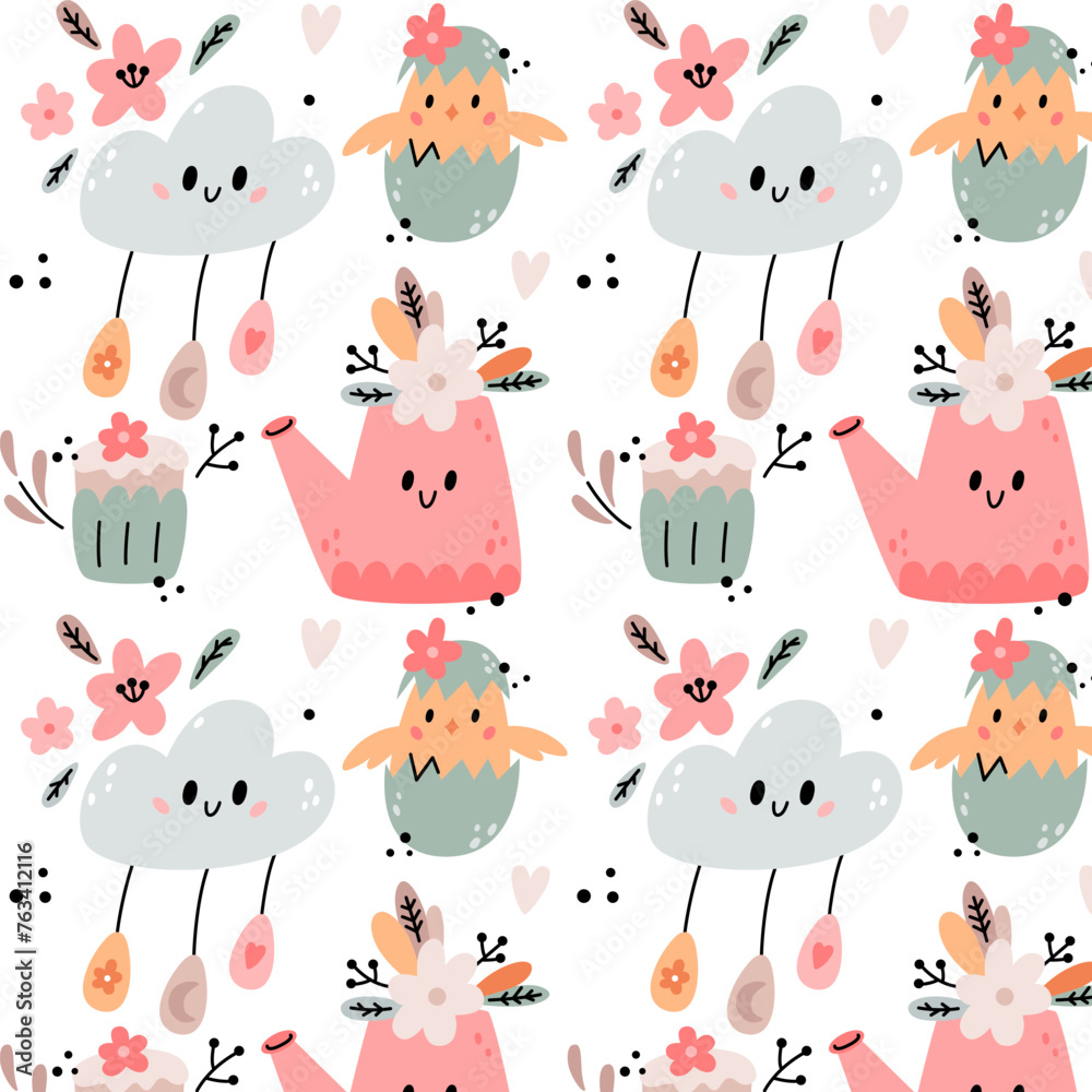Cute cloud with eggs, cake and watering can with flowers seamless pattern. Creative nursery background. Perfect for kids design, fabric, wrapping, wallpaper, textile, apparel.