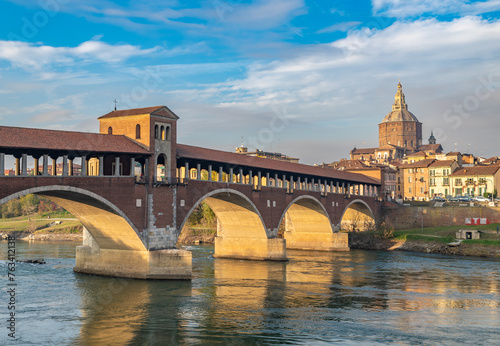 Ponte Coperto or covered bridge over Ticino river in Pavia, Lombardy, italy.. © javarman