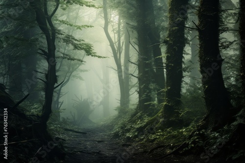 Mystical foggy forest with trees disappearing into the mist © KerXing